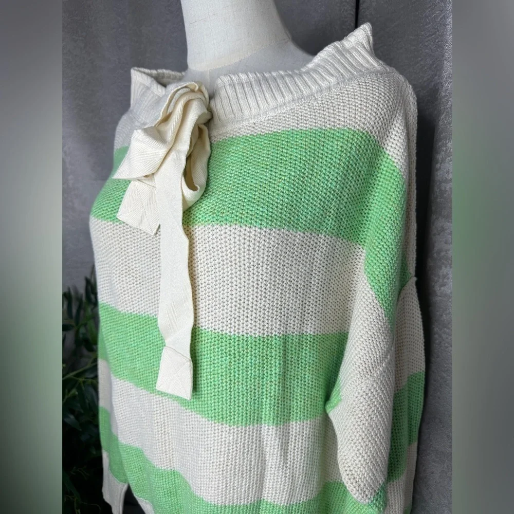 NWT Free People Cassidy Off Shoulder Sweater Striped Wild Green Combo XS